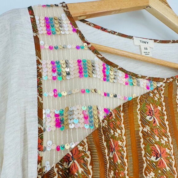 Anthropologie Tiny Sammi Sequined Puff Sleeve Boho Top Blouse Neutral XS - Picture 7 of 10